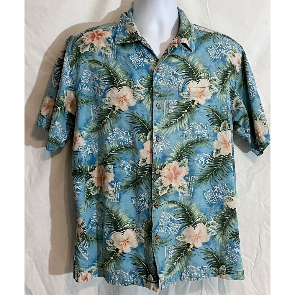 CARIBBEAN JOE Silk Men's Hawaiian Shirt  Aqua Blue Floral Size M